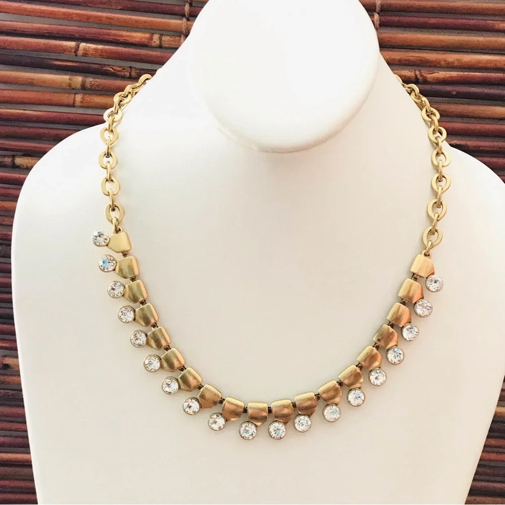 J. Crew Matte Gold Tone Rhinestone Statement Necklace 18” - 21.5”
